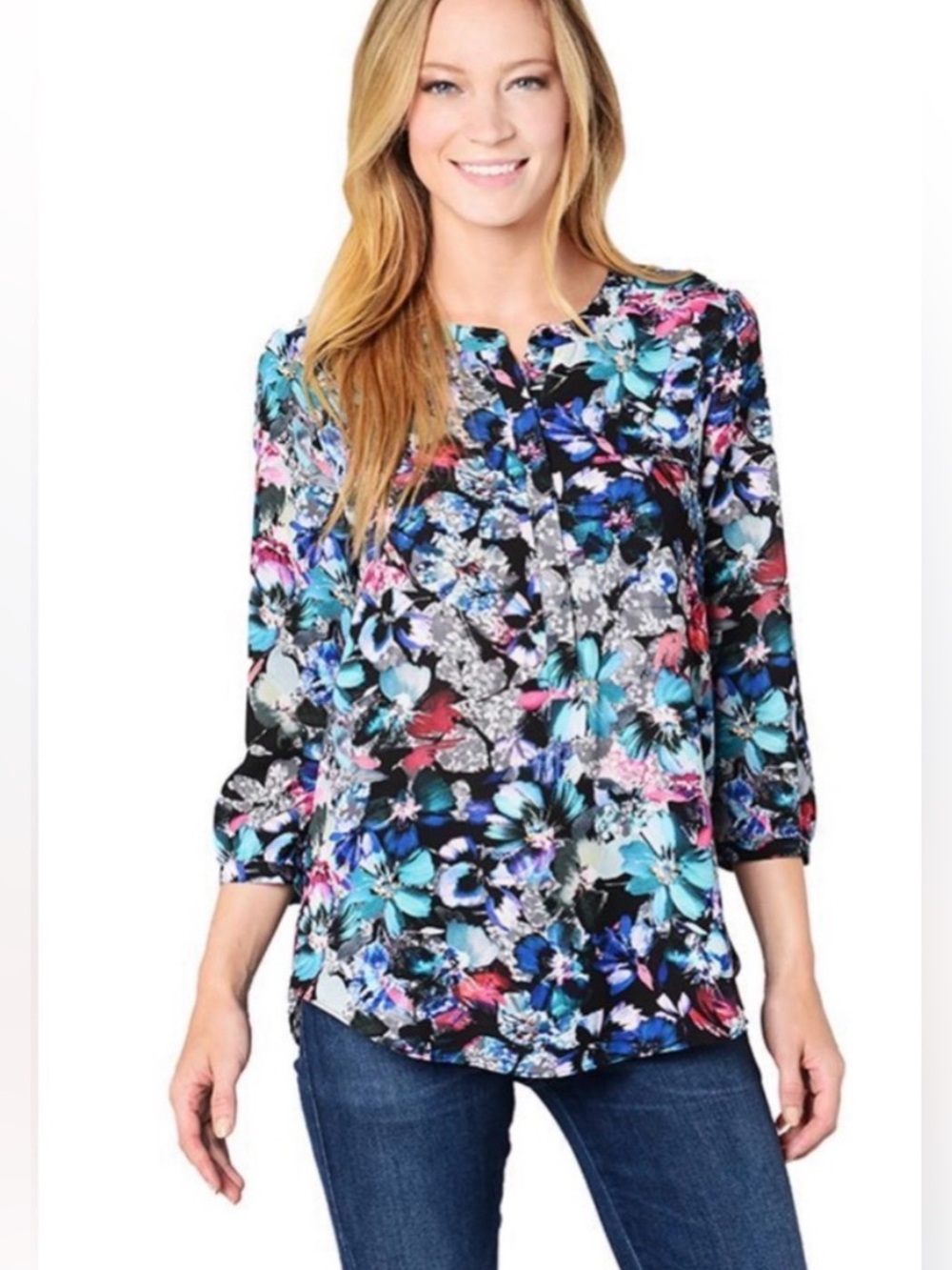 NYDJ Floral 3/4 Sleeves Pleated Back Top Size 2X Multicolor